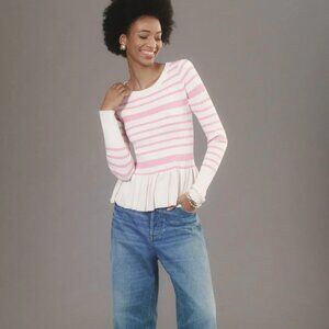 Anthropologie Maeve Pink Stripe Slim Peplum Ribbed Knit Sweater Size Small